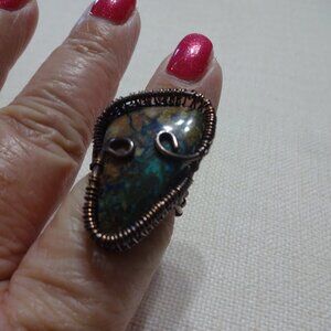 Natural LONE MOUNTAIN TURQUOISE Handmade COPPER WIRE-WRAPPED Ring Size 8 #787B
